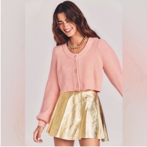 LoveShackFancy Branton Cashmere Cropped Cardigan Sweater Pink - Picture 4 of 10